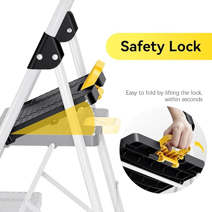 KINGRACK 2 Step Folding Ladder, 800lbs Capacity Step Stool with Safety Lock, Non-Skid Wide Pedals, and Handrail, Lightweight, Household Ladder for Home, Kitchen, Pantry, Closets, and Office Use, White