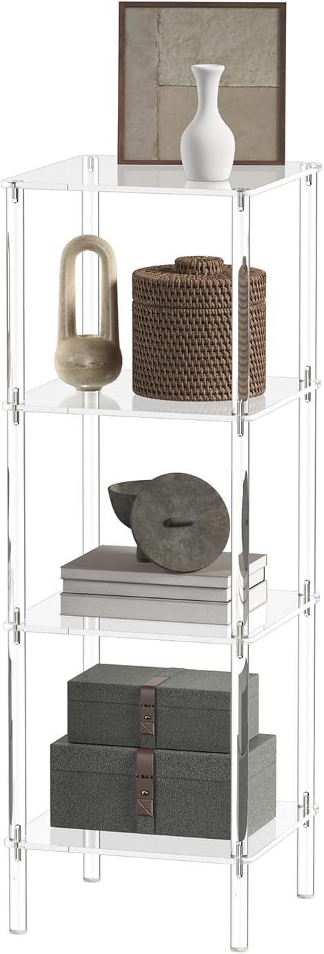 4 Tier Square Acrylic Bookshelf, Small Bookcase with Acrylic Fittings for Fixing to Wall, Corner Display Shelf for Living Room, Bedroom, Bathroom, Small Spaces, Clear, 11.6'' W x 34'' H