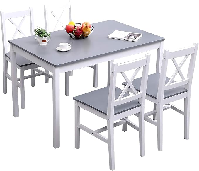 soges Dining Table Set for 4, 42.5 inch Pine Wood Dining Room Table with 4 Chairs, 5-Piece Kitchen Table Chairs Set for Small Space, Apartment, Dinette, Breakfast, White and Grey