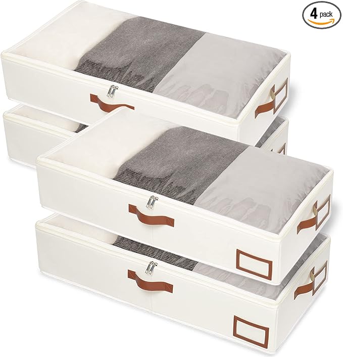 Yawinhe Under Bed Storage, 4 Pack Closet Organizers, Collapsible Container Bags, with Sorting Card Slot and 4 Leather Handles, for Blanket, Bedding, 23.6''Lx11.8''Wx6''H, Beige