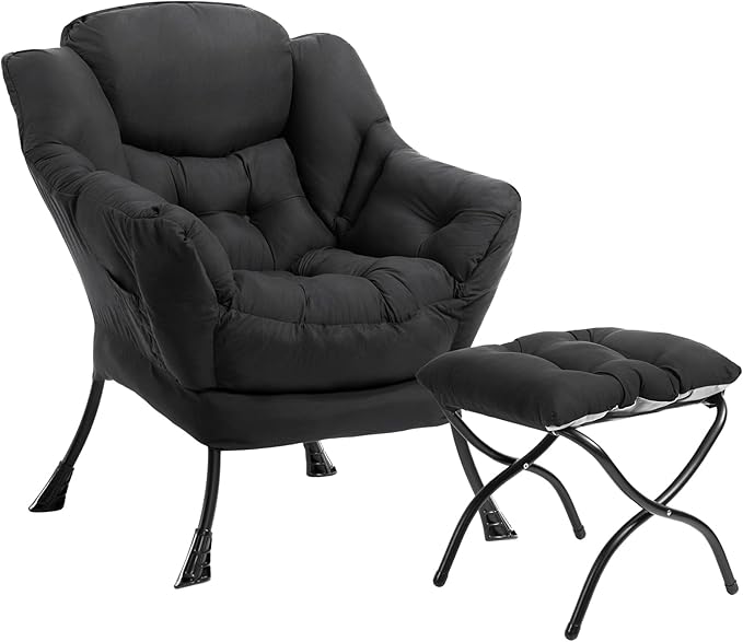 HollyHOME Lazy Chair with Foldable Ottoman,Accent Comfy Lounge Arm Chair and Folding Footrest Stool Set,Leisure Sofa Reading Chair and Footstool for Living Room,Bedroom, Dorm,Peachskin Fabric Black