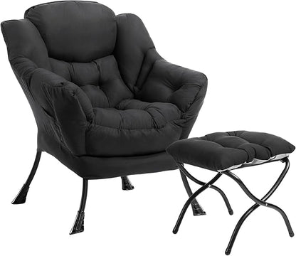 HollyHOME Lazy Chair with Foldable Ottoman,Accent Comfy Lounge Arm Chair and Folding Footrest Stool Set,Leisure Sofa Reading Chair and Footstool for Living Room,Bedroom, Dorm,Peachskin Fabric Black