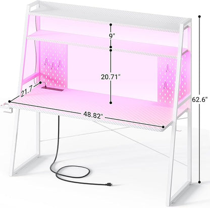 Gaming Desk with Hutch and LED Lights, Gaming Computer Desk with Power Outlets, Gamer Desk with Storage Shelves, PC Game Desk with Pegboards for Bedroom, Carbon Fiber White, 49"