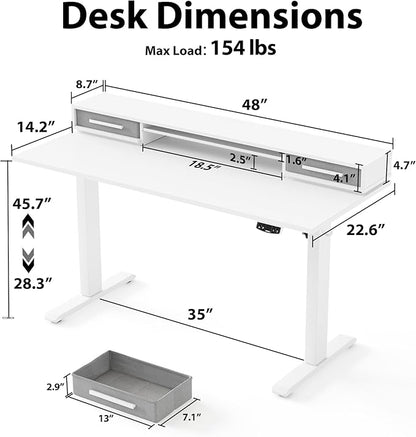 Agilestic 48 Inch Electric Standing Desk with Drawers, Adjustable Desk with Storage Shelf, Stand Up Home Office Computer Table, Splice Board, White