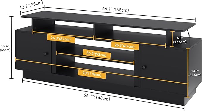 DWVO Modern TV Stand for 65/75 Inch TVs, Entertainment Center with LED Lights, TV Shelf with Storage Cabinets & Movable Partition, TV Console for Living Room, Black