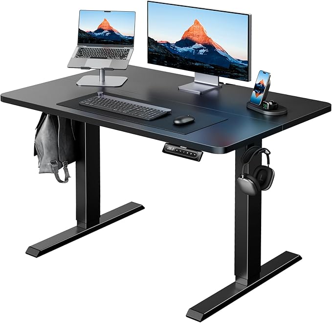 HUANUO 40" x 24" Electric Standing Desk Adjustable Height, 4 Memory Height Settings, Headphone Hook, Cable Manager, Sit Stand Up Desk for Home Office & Computer Workstation, Black