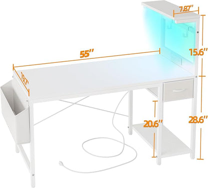 TIQLAB Gaming Desk 55 inch with Power Outlet and LED Light, Computer Desk with Reversible Shelves and Storage Drawer, Small PC Desk for Home Office Table with Bag, Carbon Fiber White