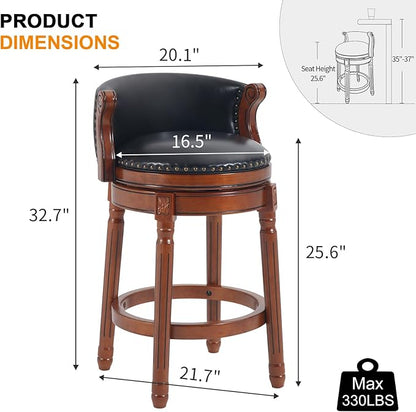 Cow top Leather Wooden Bar Stools, 29.5" Bar Height Bar Chair with Back, 180 Degrees Swivel Barstools Chair for Home Kitchen Counter,Dining Room (Black-1pc, Bar Height-Seat Height 29.5”)