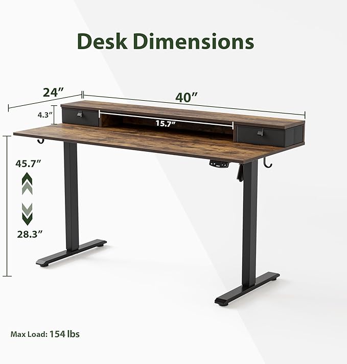 Agilestic 40 x 24 Inches Height Adjustable Electric Standing Desk with 2 Drawers, Stand Up Electric Standing Desk Adjustable Height, Sit and Stand Computer Table with Splice Board, Rustic Brown