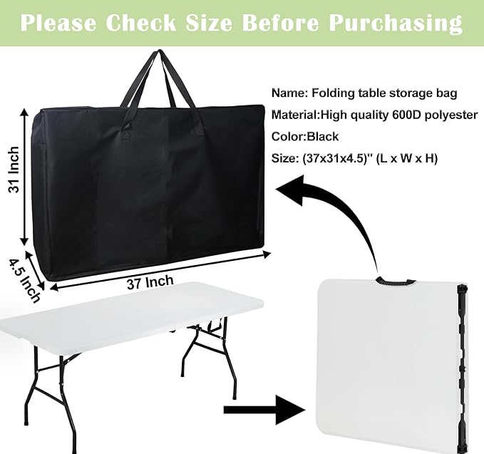 4/6/ 8 Foot Folding Table Storage Bag, Waterproof Heavy Duty Large Carrying Bag for Folding Tables, Picnic/Camp Tables Cover with Durable Zipper & Shoulder Strap, 31" D X 37" W X4.5 H, Black