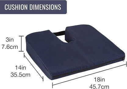 DMI Sloping Back Foam Seat Cushion for Coccyx Pain Relief, For Use with Chairs and Wheelchairs, With Cover, FSA HSA Eligible, 16 x 18 x 2 – 4 Inches, Navy.