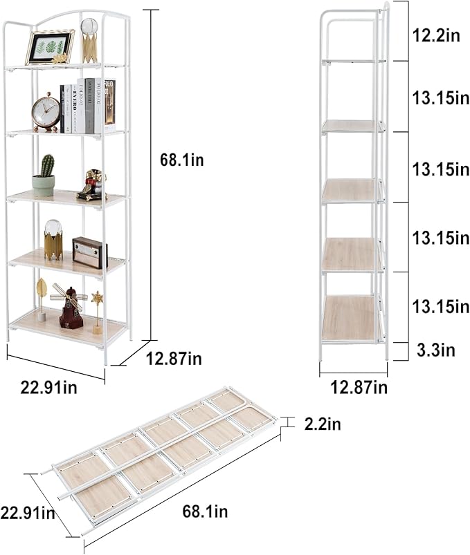 Crofy No Assembly Folding Bookshelf for Living Room, 5 Tier White Collapsible Book Shelf for Home Office, Portable Bookcase Storage Organizer
