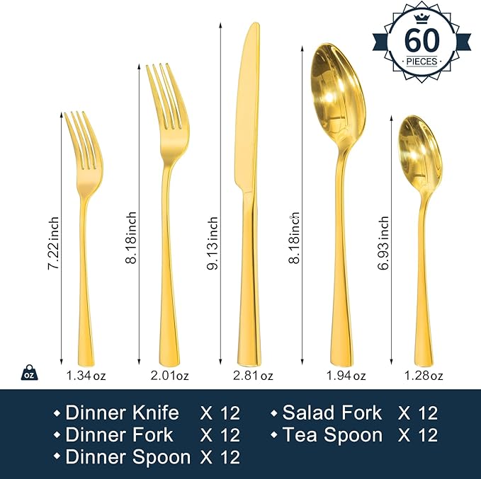 KINGSTONE Silverware Set for 12, 60-Piece Forged 18/10 Stainless Steel Flatware Set, Mirror Finish Cutlery Set Dishwasher Safe for Home, Restaurant, Wedding, Party, Gold