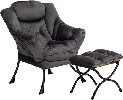 HollyHOME Fabric Lazy Chair with Foldable Ottoman, Accent Comfy Lounge Arm Chair and Folding Footrest Stool Set, Leisure Sofa Reading Chair and Footstool for Living Room, Bedroom, Dorm, Smoky Grey