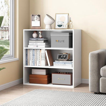 Basic Open Shelf Bookcase - 3-Tier Wooden Cube Storage Shelves Split Bookshelf, White
