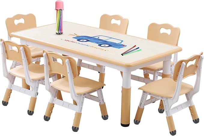 Kids Table and Chairs Set, Height Adjustable Desk With 6 Seats for Ages 3-12,Arts & Crafts Table,Graffiti Desktop, Non-Slip Legs, Max 300lbs, Children Multi-Activity Table for Classrooms,Daycares,Home