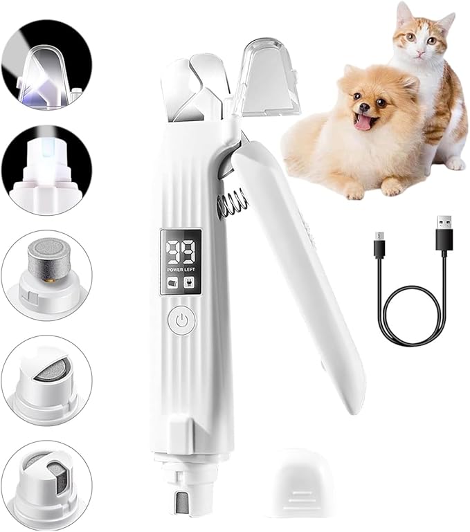 2-in-1 Dog Nail Trimmers & Dog Nail Grinder with 2 LED Lights, USB Rechargeable, Cat Nail Clipper with Splash Guard, and Multiple Grinding Methods for Small, Medium, and Large Dogs & Cats