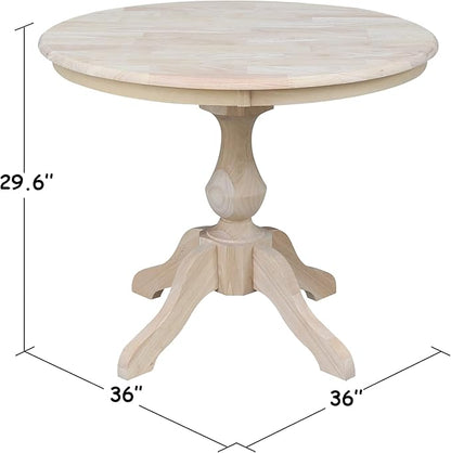 IC International Concepts, 36" Round Top Pedestal Dining Table, 29.9" High, Solid Real Wood, Sturdy Parawood, DIY, Paint/Stain Ready, Unfinished