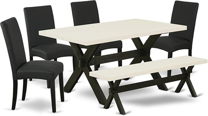 East West Furniture X626DR124-6 6 Piece Dining Table Set Contains a Rectangle Kitchen Table with X-Legs and 4 Black Color Linen Fabric Parson Chairs with a Bench, 36x60 Inch, Multi-Color