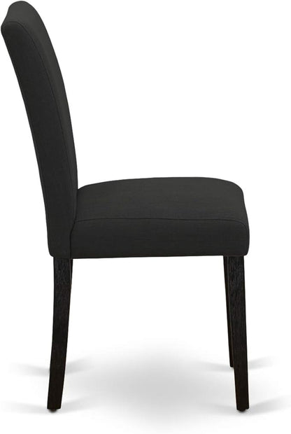 East West Furniture DMAB3-ABK-24 3 Piece Modern Dining Table Set Contains a Round Wooden Table with Dropleaf and 2 Black Color Linen Fabric Upholstered Chairs, 42x42 Inch, Wirebrushed Black
