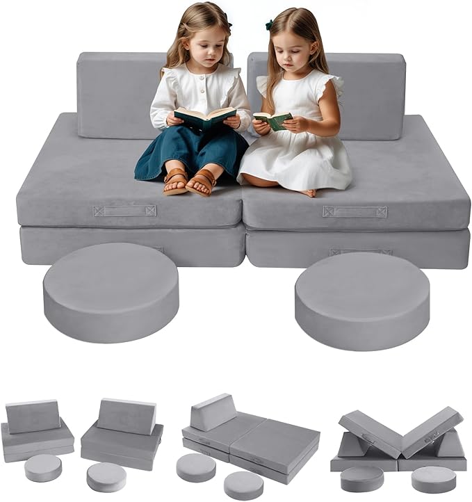 MeMoreCool Modular Kids Play Couch for Toddlers, Floor Foam Explorer Sofa with Building Fort Feature, Sectional Fold Out Block Couch for Playroom, Grey