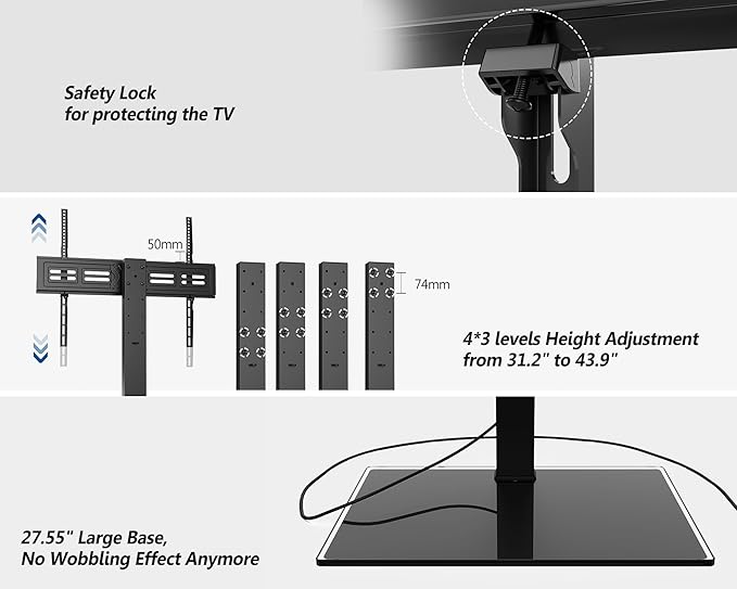 FITUEYES Universal TV Stand with Power Outlets for 50-85 inch TVs, Swivel&Height Adjustable Tall TV Stand for Bedroom Living Room, 27.5''Large Tempered Glass Base Holds up to 143 lbs.
