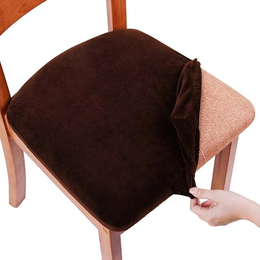 Smiry Velvet Seat Covers for Dining Room Chair Set of 4, Stretch Fit Removable Washable Chair Seat Cushion Protector Slipcovers with Ties, Coffee