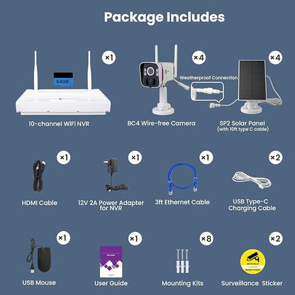 xmartO Wireless Solar Security Camera System, 10CH 4K Expandable WiFi6 NVR+4*4MP 2K Outdoor Cams, All Weather Solar, 2-Way Audio, IR&Color NV, Long Range WiFi Mesh, Free 120-Day Video,No Monthly Fees