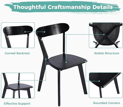 Solid Wood Dining Chairs Set of 2, Mid Century Modern Dining Room Chairs with Curved Backrest, Wooden Armless Kitchen Chairs for Dining Room, Space Saving, Black