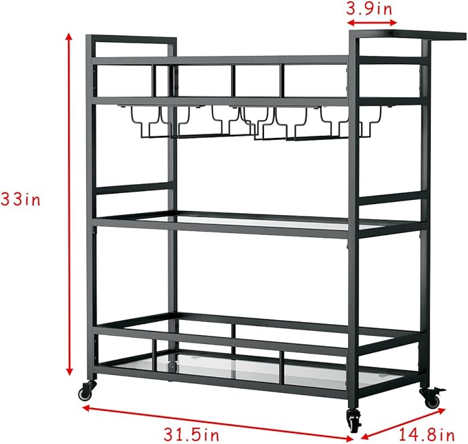 Black Metal Bar Carts with 3 Tier Glass Shelves, Rolling Serving Bar Cart with Wine Rack and Glass Holder, Industrial Bar Carts & Wine Carts on Wheels for Kitchen, Indoor & Outdoor