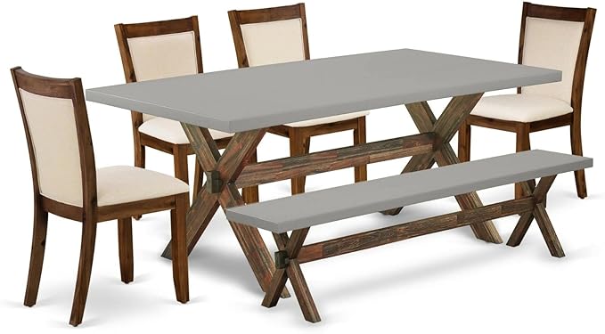 East West Furniture X797MZN32-6 6 Piece Dining Set Contains a Rectangle Dining Room Table with X-Legs and 4 Light Beige Linen Fabric Upholstered Chairs with a Bench, 40x72 Inch, Multi-Color