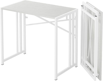 Small Folding Desk 35 inch, No Assembly Required Narrow Office Desk, Writing Gaming Computer Camping Table, White