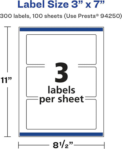 Avery Glossy White Rectangle Labels, Sure Feed Technology, 3" x 7", 300 Glossy White Labels, Print-to-The-Edge, Permanent Adhesive, Laser/Inkjet Printable