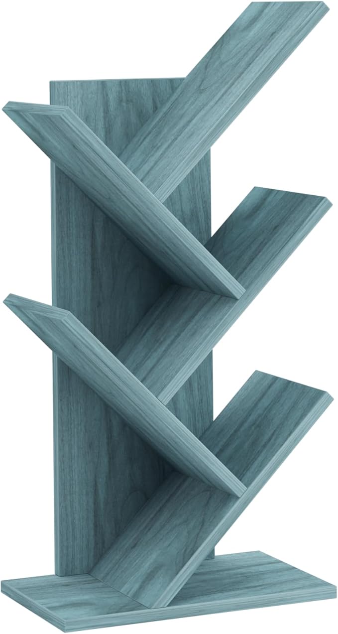 5 Tier Tree Book Shelf, Small Desktop Bookshelf with Storage Organizer, Wood Bookcase, Desk Display Bookshelves, Floor Standing Organizer Bookcases for Living Room,Bedroom,Office-Blue