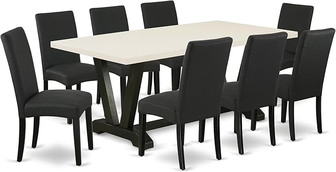 East West Furniture V627DR124-9 9 Piece Dining Set Includes a Rectangle Dining Room Table with V-Legs and 8 Black Color Linen Fabric Upholstered Parson Chairs, 40x72 Inch, Multi-Color