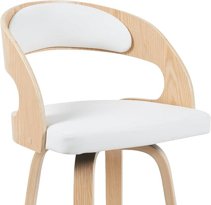 Shelly Modern Bar Height Swivel Stool in Patterned Oak Finish with White Faux Leather Upholstered Seat Set of 4