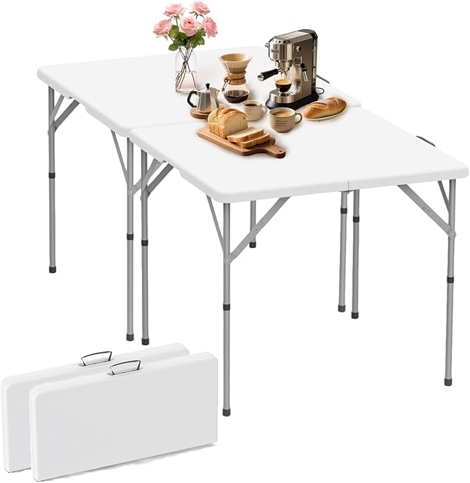 HLPB 34'' Square Folding Card Table 2 Pcs, Fold-in-Half Portable Dining Table with Handle and Safety Lock, Foldable Plastic Dining Table Indoor Outdoor for Camping, Picnic and Party Event, White