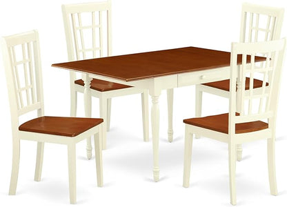 East West Furniture MZNI5-WHI-W 5 Piece Dining Table Set for 4 Includes a Rectangle Kitchen Table with Dropleaf and 4 Dining Room Chairs, 36x54 Inch, Buttermilk & Cherry