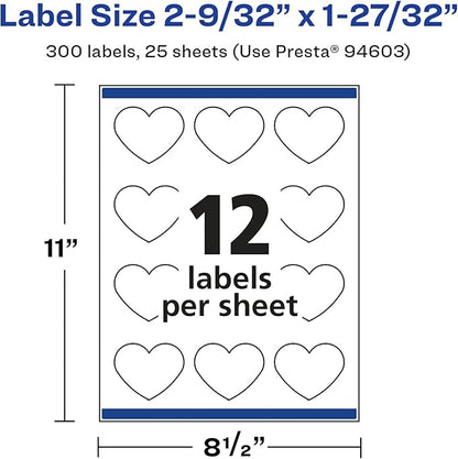 Avery Glossy White Heart Labels, Sure Feed Technology, 2-9/32" x 1-27/32", 300 Glossy White Labels, Print-to-The-Edge, Permanent Adhesive, Laser/Inkjet Printable