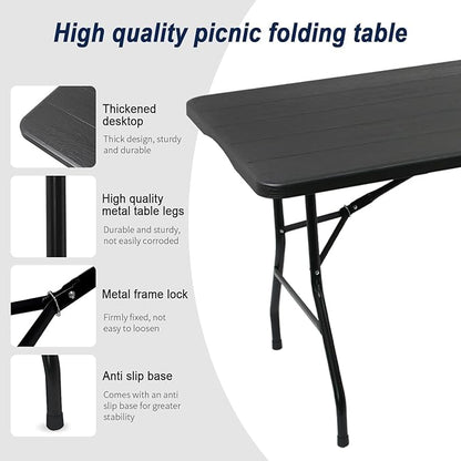 2-PCS 70.8" W X 29" D X 29" H - 6 ft Black Folding Table Heavy Duty Portable, Plastic Folding Utility Folding Table for Camping, Picnics & Parties