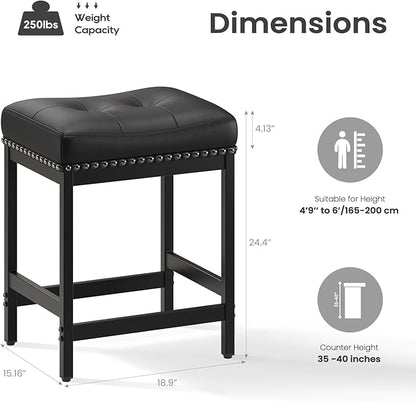 MALOL Set of 6 Saddle Bar Stools Counter Height 24.4”, Black Backless Barstools for Kitchen Island, Modern PU Leather Cushioned Seat, Bar Chairs for Kitchen Counter, Breakfast Bar Stools for Home