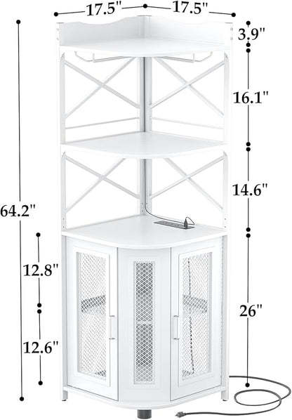 Aheaplus Corner Bar Cabinet with Power Outlet, Industrial Wine Cabinet with LED Strip and Glass Holder, 5-Tiers Liquor Cabinet Bar Unit for Home, Corner Display Cabinet for Small Space, White