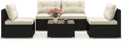 Tangkula 5 Piece Rattan Sofa Set, Patiojoy Outdoor Wicker Furniture Set with Seat & Back Cushions, Square Coffee Table, Patio Sectional Sofa Set for Backyard, Poolside, Garden