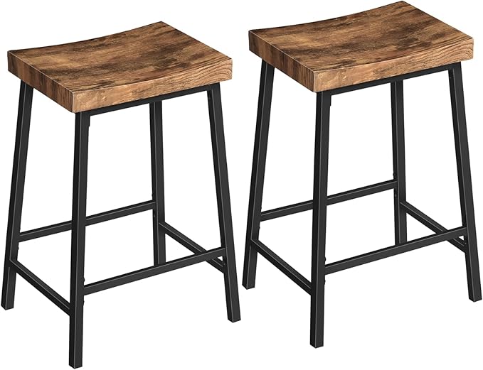 Bar Stools,Counter Height Bar Stools Set of 2, 23.7 Inch Saddle Stools with Footrest, Kitchen Stools, Industrial Style, for Dining Room, Counter, Bar, Rustic Brown and Black BAHR0801N1