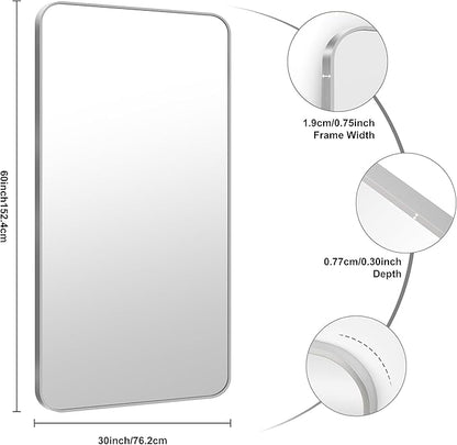 KOCUUY Silver Bathroom Mirror, 60x30 Inch Large Bathroom Mirror for Over Sink, HD Tempered Glass, Anti-Rust Brushed Silver Frame, Rounded Corner Modern Design for Bathroom, Hang Horizontal/Vertical