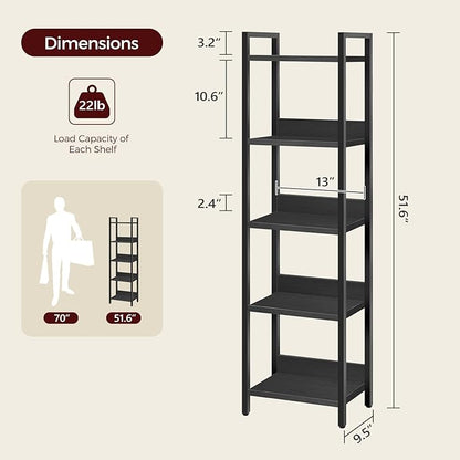 5-Tier Bookshelf, Bookcase, Shelves Organizer for Small Spaces, Storage Shelf Organizer, for Living Room, Bedroom, Study, Balcony, Black BKHB5501