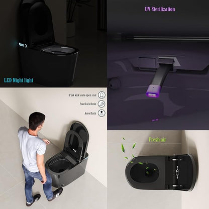 Black Smart Toilet with Auto Open/Close Lid, Modern Intelligent Tankless One Piece Toilet with Bidet Built In, Warm Water, Warm Air Drying, Self-Cleaning Heated Seat Toilet with Remote Control.