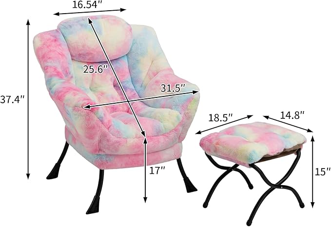 HollyHOME Faux-Fur Lazy Chair with Foldable Ottoman, Accent Comfy Lounge Arm Chair and Folding Footrest Stool Set, Leisure Sofa Reading Chair and Footstool for Living Room, Bedroom, Dorm, Colorful