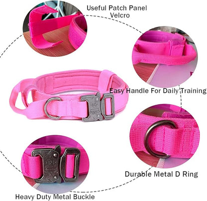 Xqpetlihai Tactical Dog Collar and Leash Set Adjustable Military Nylon Dog Collar with Control Handle and Heavy Duty Metal Buckle for Large Dogs（Pink L