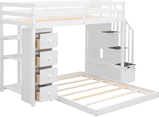 Twin Over Full Bunk Bed with 3-Layer Shelves,Wood L-Shape High Loftbed Frame W/ 4 Drawers & Storage Stairs,No Box Spring Required,Slats Support,for Kids Teens Adults,White